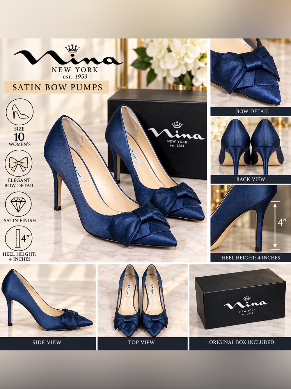 Nina Navy Satin Bow Heel Pumps - Nina